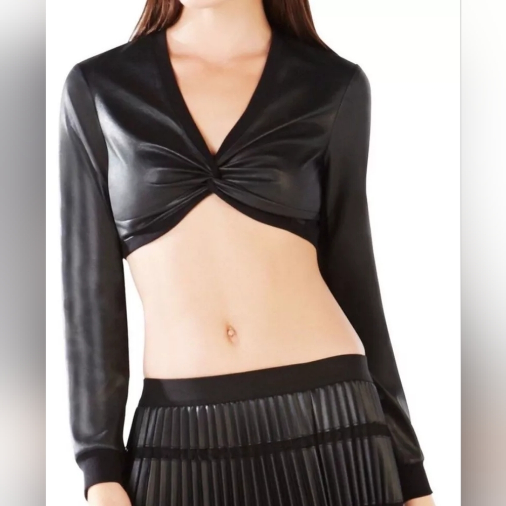 BCBGMAXAZARIA Vegan Leather Long Sleeve Twist Front V Neck Cropped Top